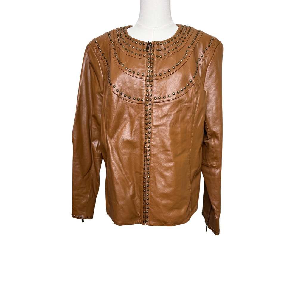 Pamela McCoy Brown Genuine Leather Studded Zip Front Jacket Womens Large Cognac